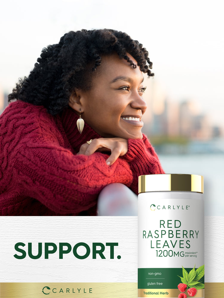 Lifestyle image of smiling adult with Red Raspberry Leaves bottle and text stating SUPPORT.
