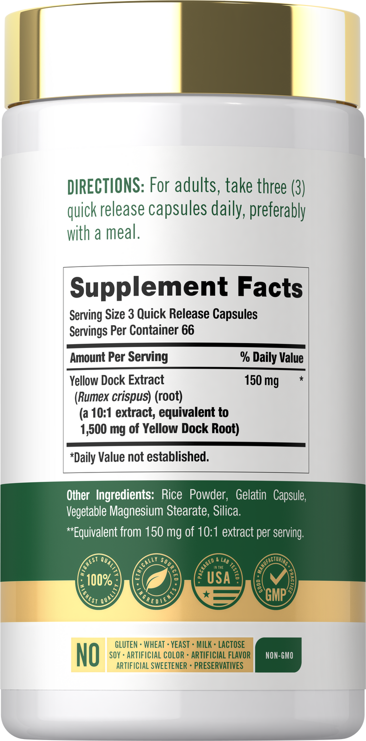 Back label / Supplement Facts for Yellow Dock Extract, showing directions, other ingredients, and dietary attribute and quality icons.