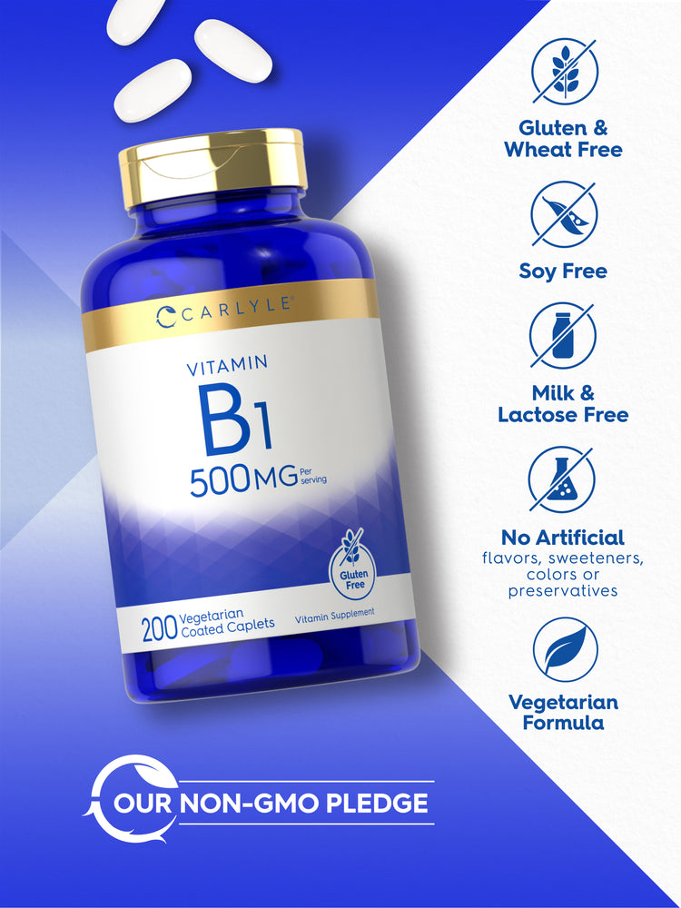Carlyle Vitamin B1 500MG bottle with icons indicating Gluten & Wheat Free, Soy Free, Milk & Lactose Free, No Artificial flavors, sweeteners, colors or preservatives, Vegetarian Formula, and Our Non-GMO Pledge