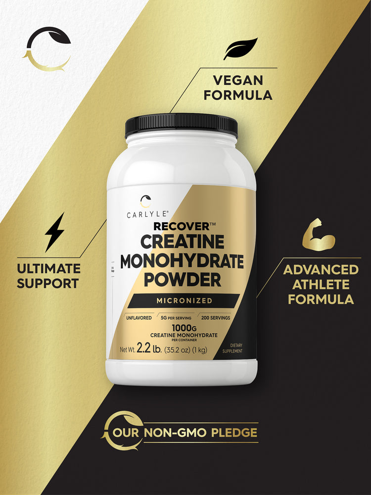 Carlyle Recover Creatine Monohydrate Powder, micronized and unflavored, weighing 2.2 lb (1 kg).