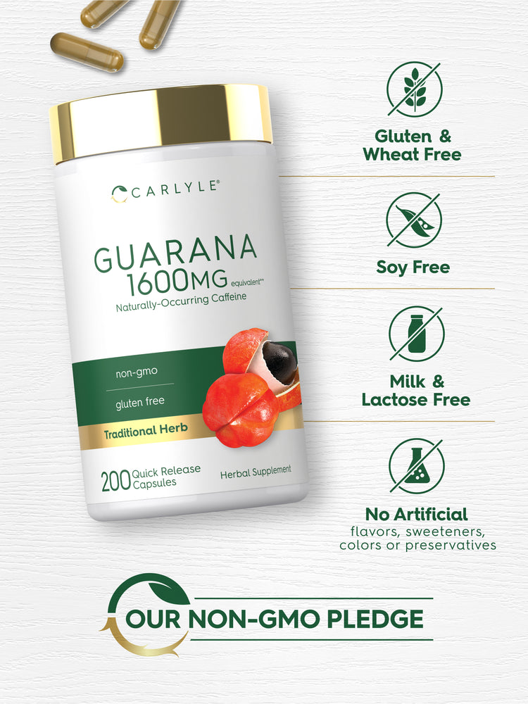 Bottle with icons indicating Gluten & Wheat Free, Soy Free, Milk & Lactose Free, No Artificial flavors, sweeteners, colors or preservatives, and Our Non-GMO Pledge