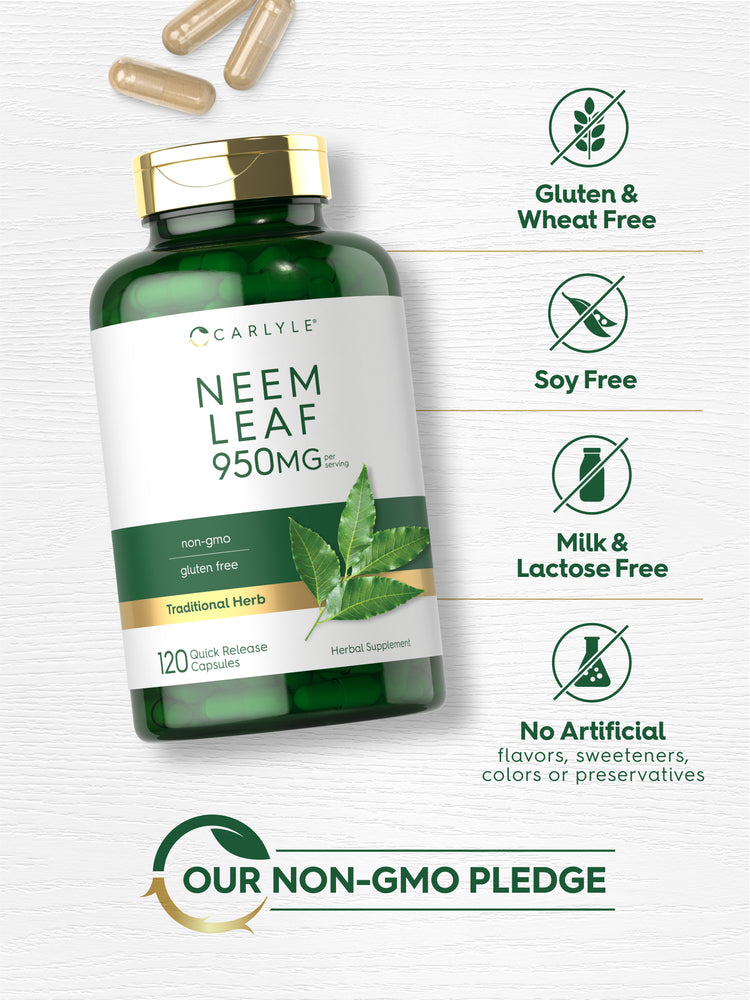Neem Leaf bottle with icons indicating Gluten/Wheat Free, Soy/Milk/Lactose Free, No Artificial Flavors/Sweeteners/Colors/Preservatives, Non-GMO.