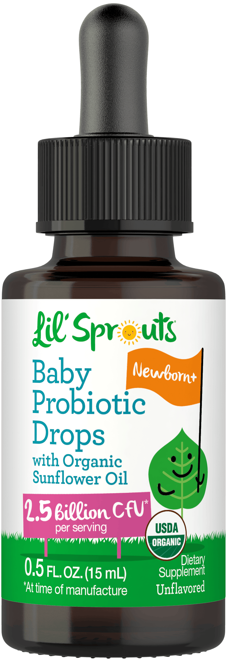 Lil' Sprouts Baby Probiotic Drops with Organic Sunflower Oil, 2.5 billion CFU, Unflavored, 0.5 FL OZ (15 mL), for Newborns+.