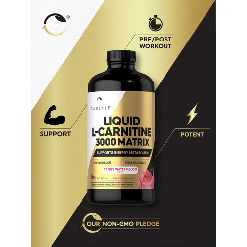 View 3 Graphic stating Pre/Post Workout, Support, Potent, and Our Non-GMO Pledge, featuring Liquid L-Carnitine 3000 Matrix bottle.