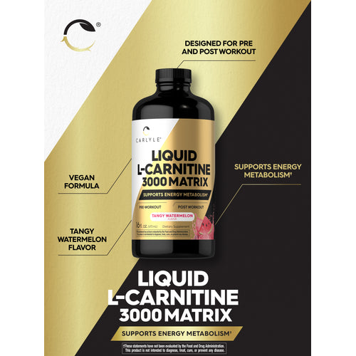 View 2 Graphic stating Liquid L-Carnitine 3000 Matrix, Supports Energy Metabolism*, Designed for Pre and Post Workout, Vegan Formula, Tangy Watermelon Flavor