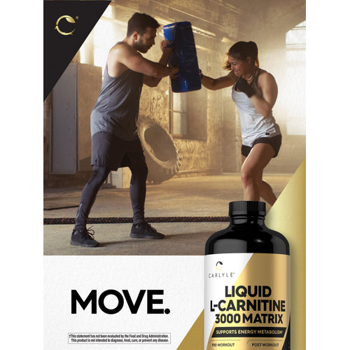 View 4 Lifestyle image of adults boxing with training pads, Liquid L-Carnitine 3000 Matrix bottle nearby, and graphic stating MOVE.