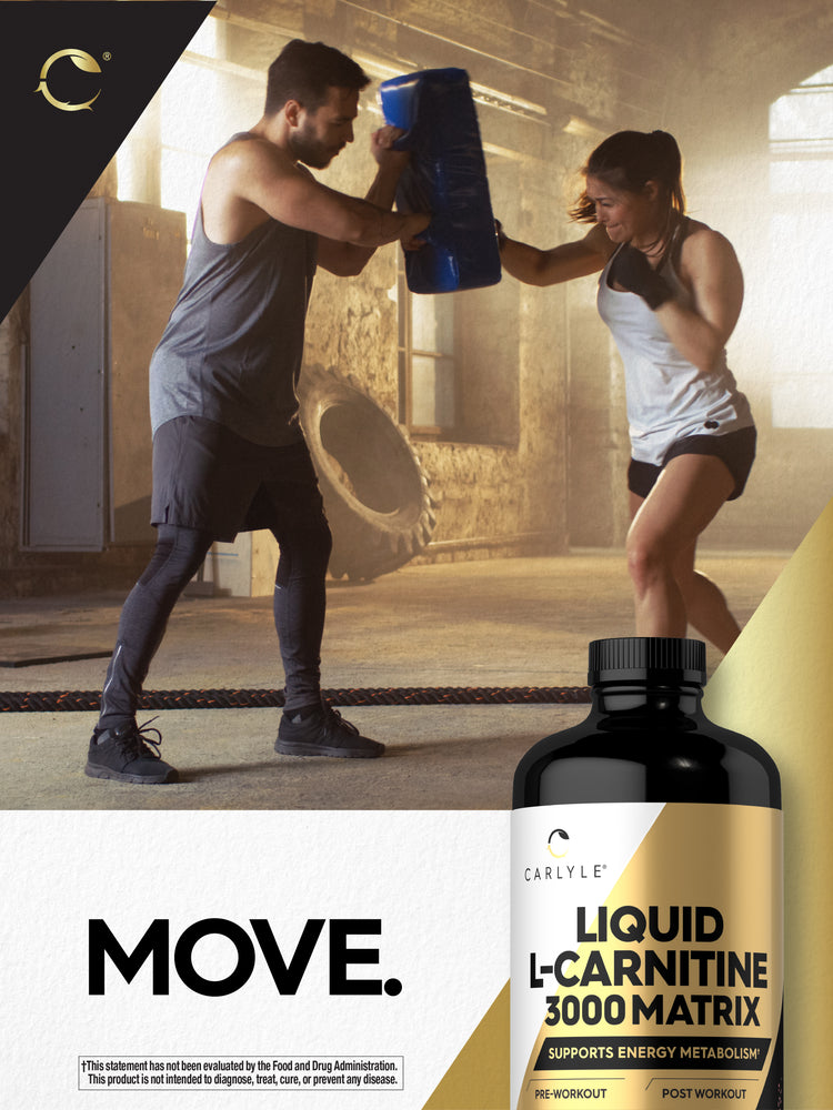 Lifestyle image of adults boxing with training pads, Liquid L-Carnitine 3000 Matrix bottle nearby, and graphic stating MOVE.