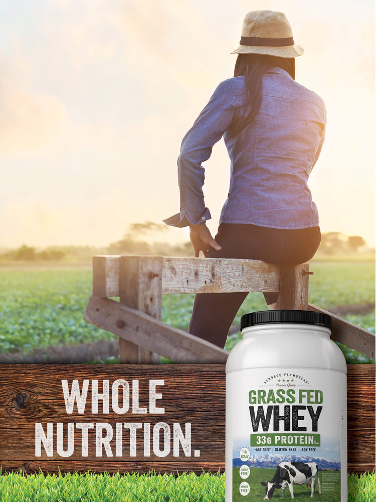 Lifestyle image of adult sitting on a wooden fence with Grass Fed Whey supplement bottle nearby and graphic stating Whole Nutrition.