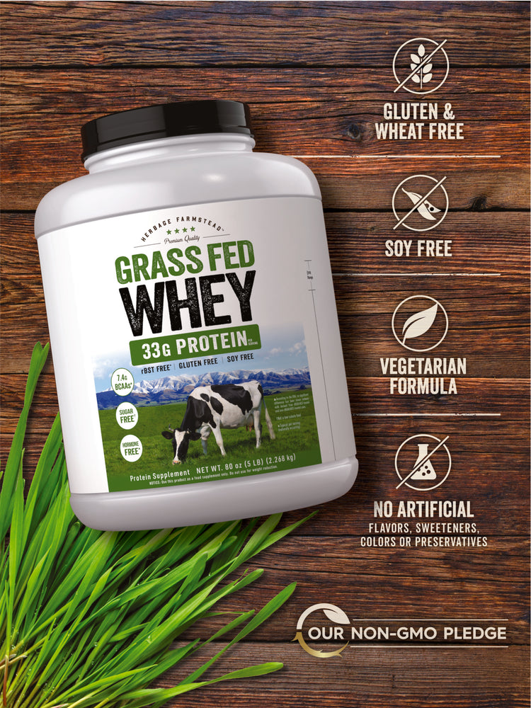 Grass Fed Whey bottle with icons indicating gluten, wheat, soy free, vegetarian, non-GMO, no artificial ingredients.