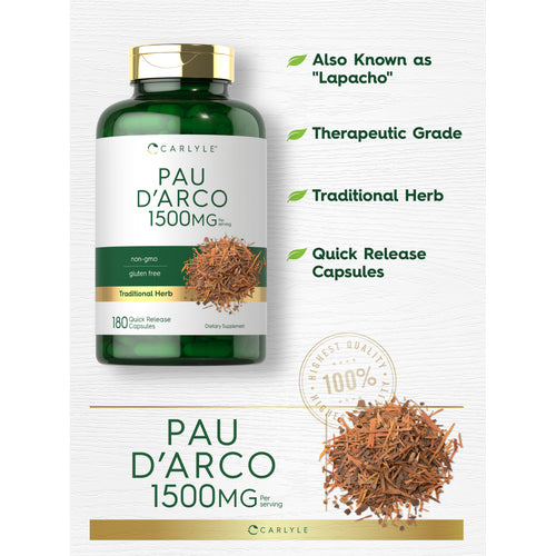 View 4 Carlyle Pau D'Arco 1500mg, 180 Quick Release Capsules. Non-GMO, Gluten Free, Traditional Herb, Therapeutic Grade.
