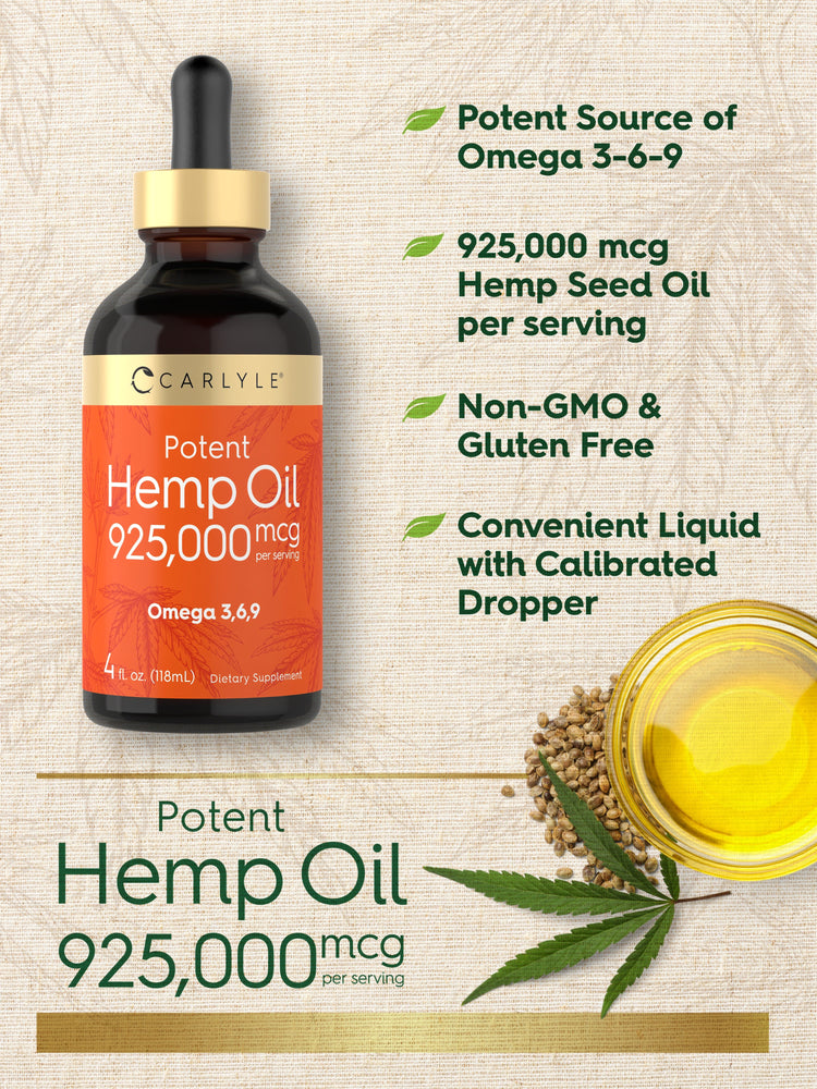 Product graphic stating Potent Source of Omega 3-6-9, 925,000 mcg Hemp Seed Oil per serving, Non-GMO & Gluten Free, Convenient Liquid with Calibrated Dropper