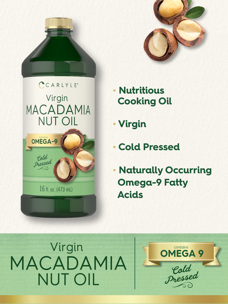 Graphic stating Nutritious Cooking Oil, Virgin, Cold Pressed, Naturally Occurring Omega-9 Fatty Acids,
