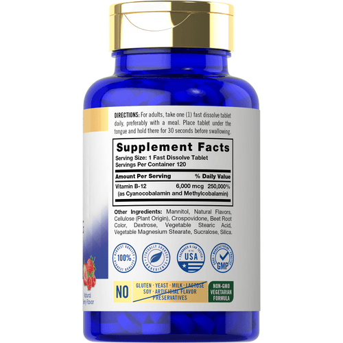 View 8 Back label / Supplement Facts for Vitamin B-12, showing 6,000 mcg per serving, 120 servings per container