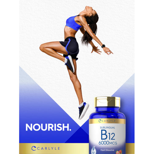 View 22 Lifestyle image of adult jumping in athletic wear with Carlyle Sublingual B12 6000MCG bottle and graphic stating NOURISH.