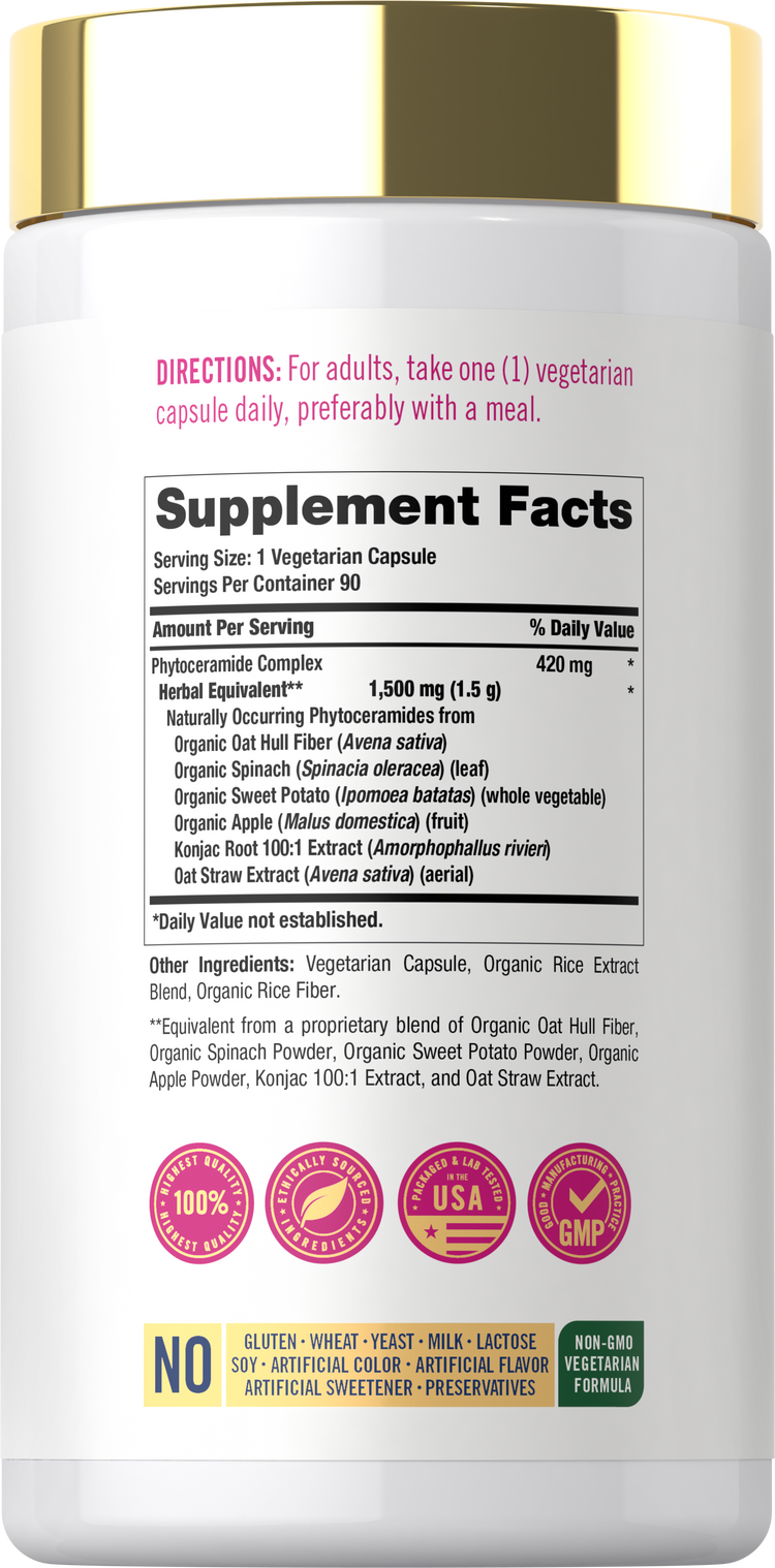 Back bottle label showing Supplement Facts for Vegetarian Capsules, with directions, ingredients, and quality badges indicating 100% Vegetarian, Non-GMO, and Made in USA.