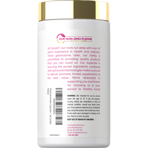 View 10 Back bottle label featuring Carlyle’s Our Non-GMO Pledge, company information highlighting over 40 years of experience in health and wellness,