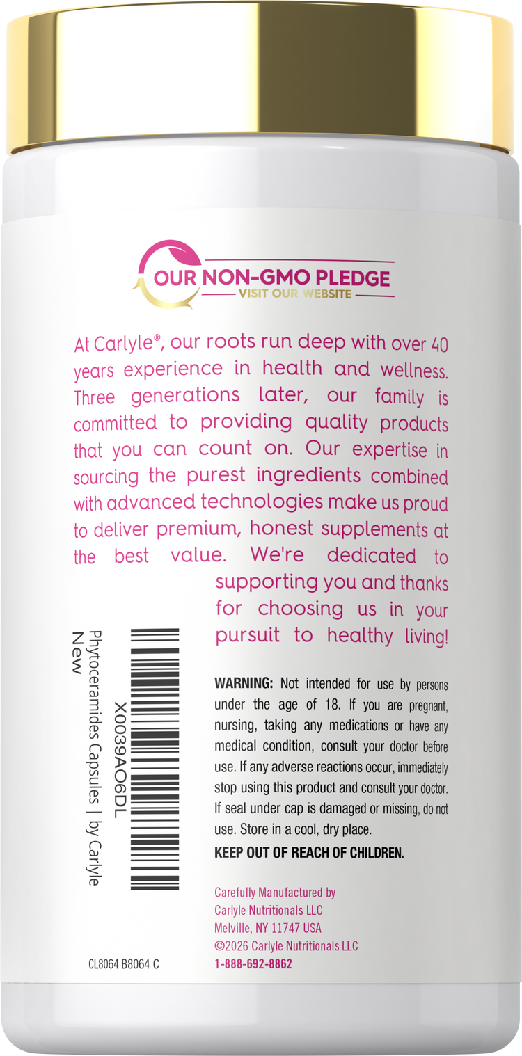 Back bottle label featuring Carlyle’s Our Non-GMO Pledge, company information highlighting over 40 years of experience in health and wellness,