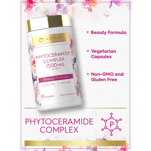 View 11 Product graphic featuring Phytoceramide Complex 1500 MG, 90 Vegetarian Capsules, with floral background and highlights stating Beauty Formula,Non-GMO and Gluten Free.