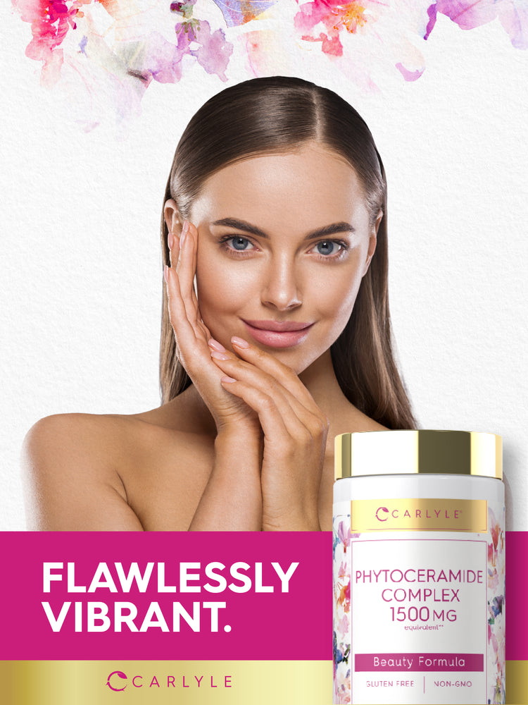Lifestyle image featuring a woman touching her face with Carlyle Phytoceramide Complex 1500 MG Beauty Formula bottle and graphic stating FLAWLESSLY VIBRANT.