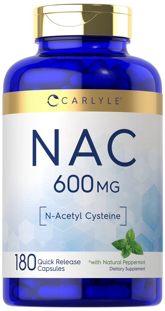 Carlyle NAC N-Acetyl Cysteine 600 mg, 180 quick release capsules shown next to a hand for scale.