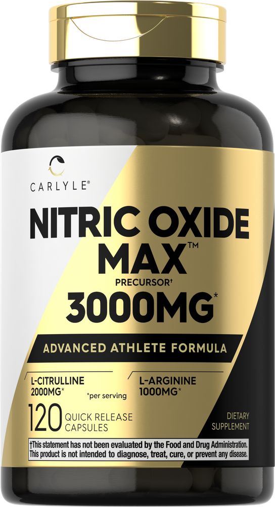 120 Quick Release Capsules of Nitric Oxide Max 3000mg, featuring L-Citrulline 2000mg and L-Arginine 1000mg, on display.