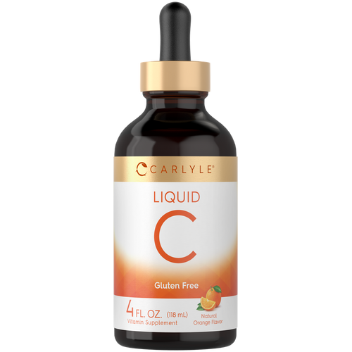 View 1 Carlyle Vitamin C Liquid, 4 fl oz (118 mL), Natural Orange Flavor, Gluten Free, shown in a hand for size reference.