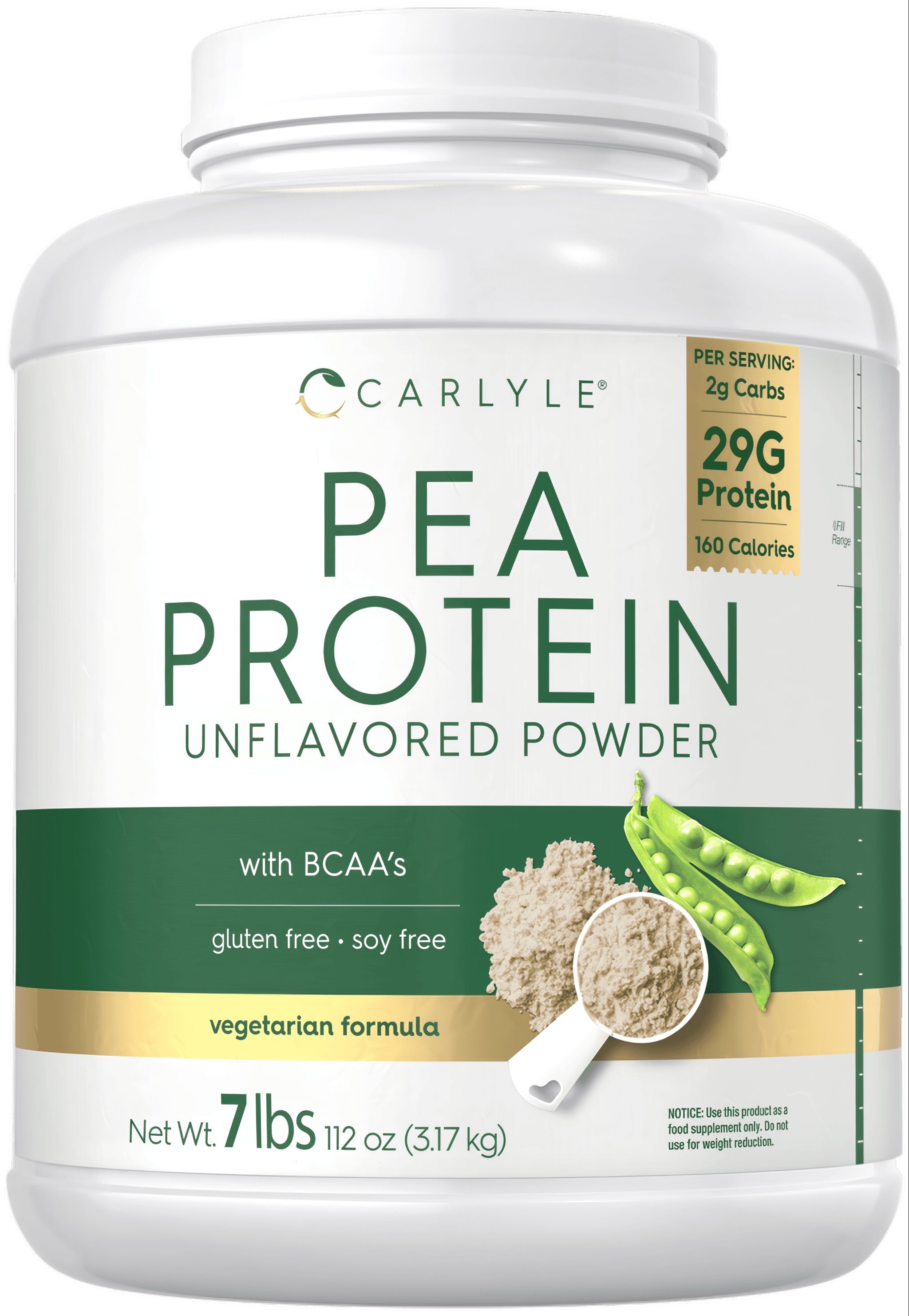 Unflavored pea protein powder in a scoop and pile, with fresh pea pods, from a 7 lb container.