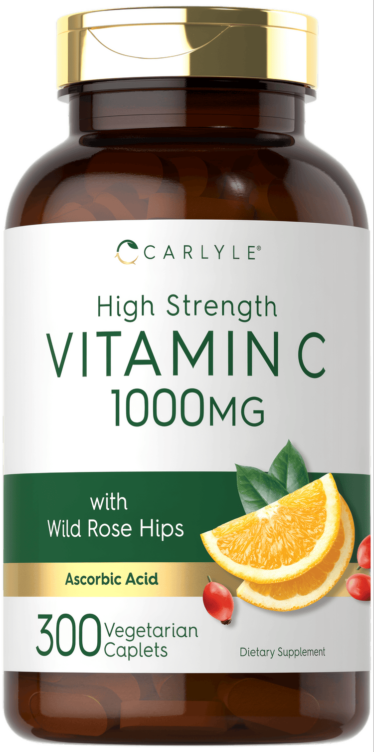 Carlyle High Strength VITAMIN C 1000MG with Wild Rose Hips, 300 Vegetarian Caplets shown in hand scale.
