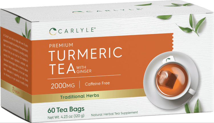Turmeric Tea with Ginger, containing 2000MG per serving and 60 tea bags, ideal for health enthusiasts seeking natural benefits.