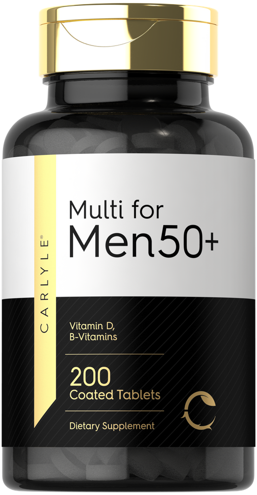 Hand holding scale with bottle of Multi for Men 50+ 200 Coated Tablets on it.