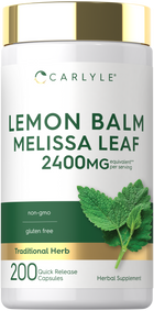 Lemon Balm Melissa Leaf supplement, 2400 mg per serving, with 200 quick release capsules for easy consumption.