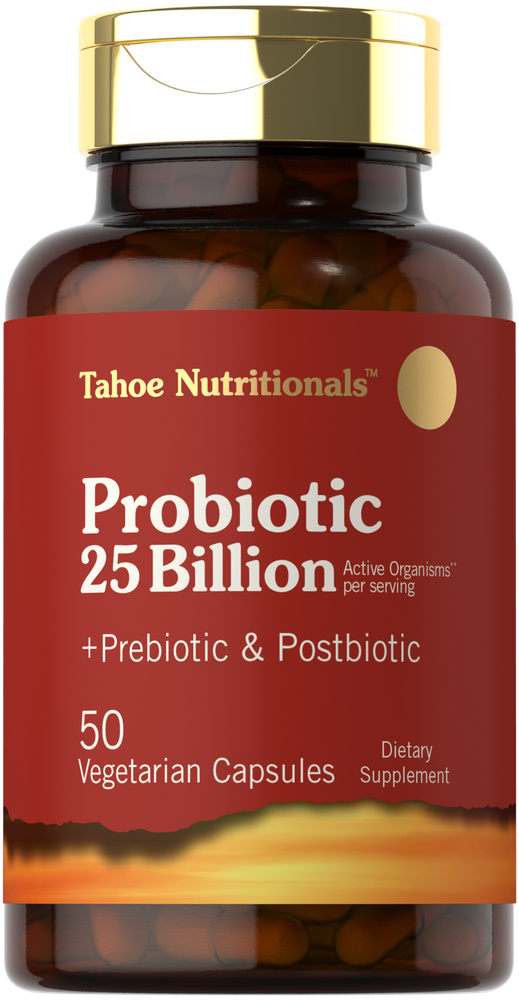 Hand holding a bottle of Probiotic 25 Billion with 50 vegetarian capsules.