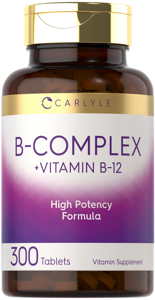 Carlyle B-Complex Plus Vitamin B-12, 300 Tablets displayed on a hand scale to indicate bulk size.