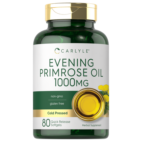 View 1 Evening Primrose Oil 1000 mg Quick Release Softgels, 80 capsules, displayed on a bulk scale with hand showing size reference.