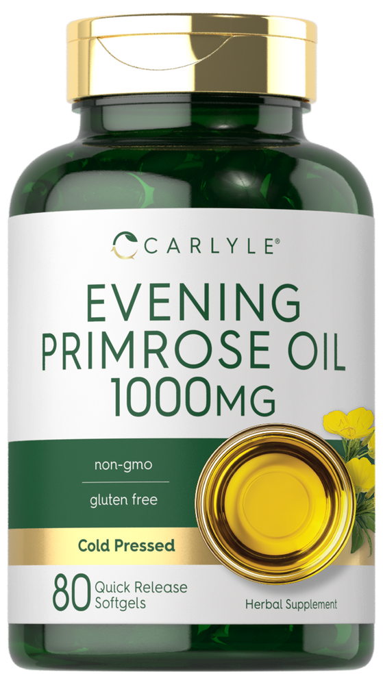 Evening Primrose Oil 1000 mg Quick Release Softgels, 80 capsules, displayed on a bulk scale with hand showing size reference.