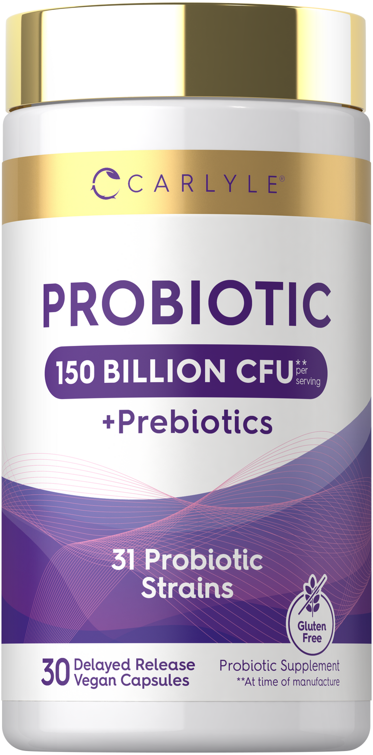 Carlyle Probiotic 150 Billion CFU includes prebiotics and 31 strains in 30 delayed release vegan capsules. Gluten free.