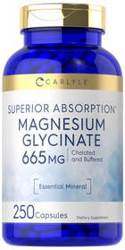 Bottle of 250 Magnesium Glycinate capsules, each 665 mg, shown on a hand scale, for supplement dosage accuracy.