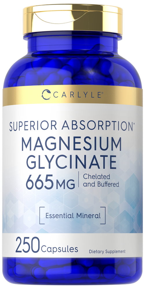 Bottle of 250 Magnesium Glycinate capsules, each 665 mg, shown on a hand scale, for supplement dosage accuracy.