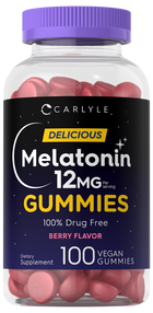 A scale measuring 100 vegan gummies of Melatonin 12mg, berry flavored.