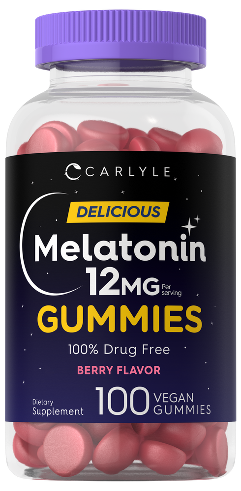 A scale measuring 100 vegan gummies of Melatonin 12mg, berry flavored.