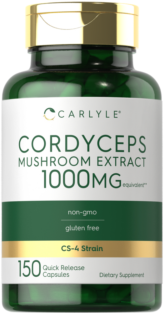 Carlyle Cordyceps Mushroom Extract 1000 mg, with 150 quick-release capsules, shown on a hand scale.