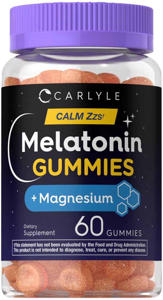 Clear jar containing 60 orange, sugar-coated Melatonin + Magnesium Gummies.