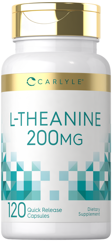 L-Theanine 200 mg quick release capsules, 120 count, displayed on a bulk scale for accurate measurement and quantity verification.