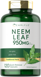 Neem Leaf 950mg per serving Quick Release Capsules, 120 count, in a green transparent bottle.