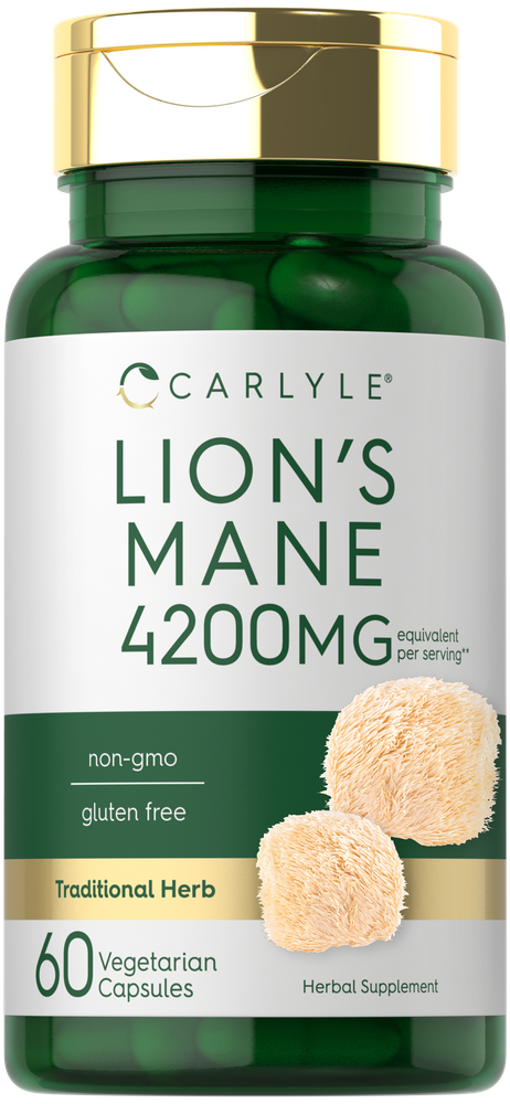 Sixty green vegetarian capsules of Carlyle Lion's Mane 4200 mg measured on a hand scale.