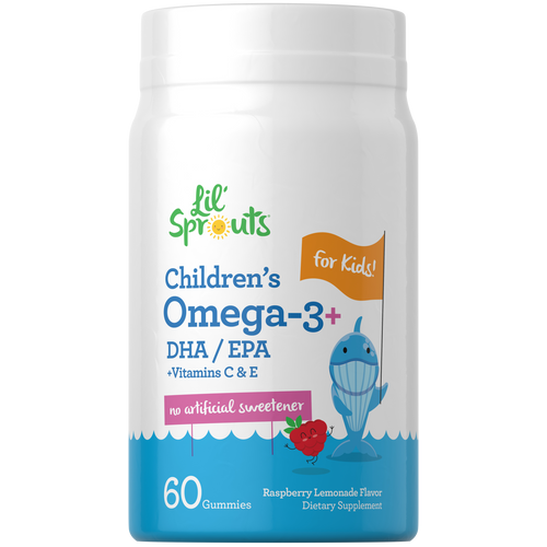 View 1 Omega-3+ DHA/EPA with Vitamins C & E, no artificial sweeteners, Raspberry Lemonade flavor, 60 gummies for children.
