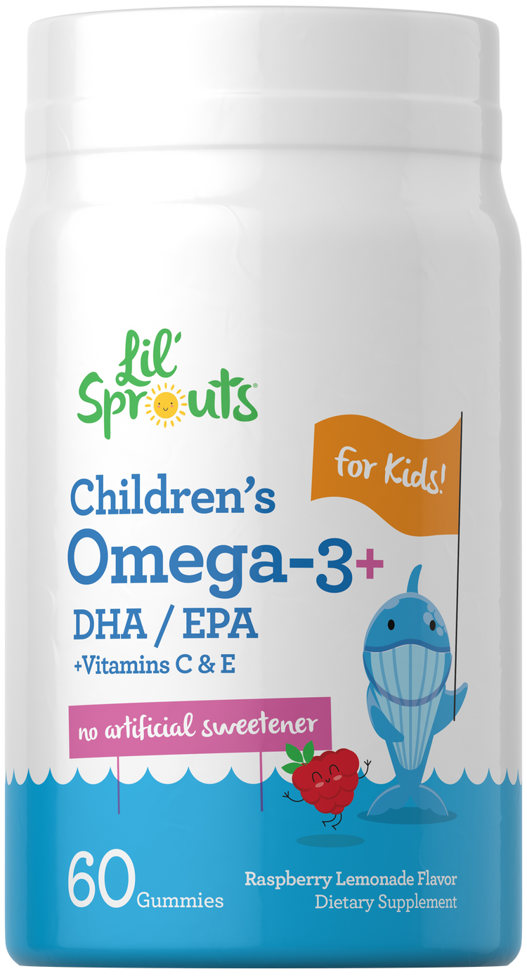 Omega-3+ DHA/EPA with Vitamins C & E, no artificial sweeteners, Raspberry Lemonade flavor, 60 gummies for children.
