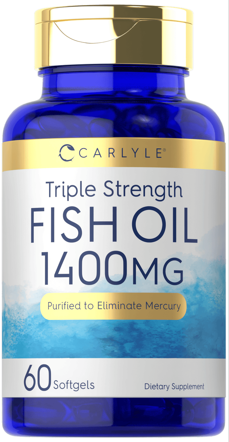 Carlyle Triple Strength Fish Oil softgels, 1400mg, shown being weighed on a hand scale in a bulk scale image.