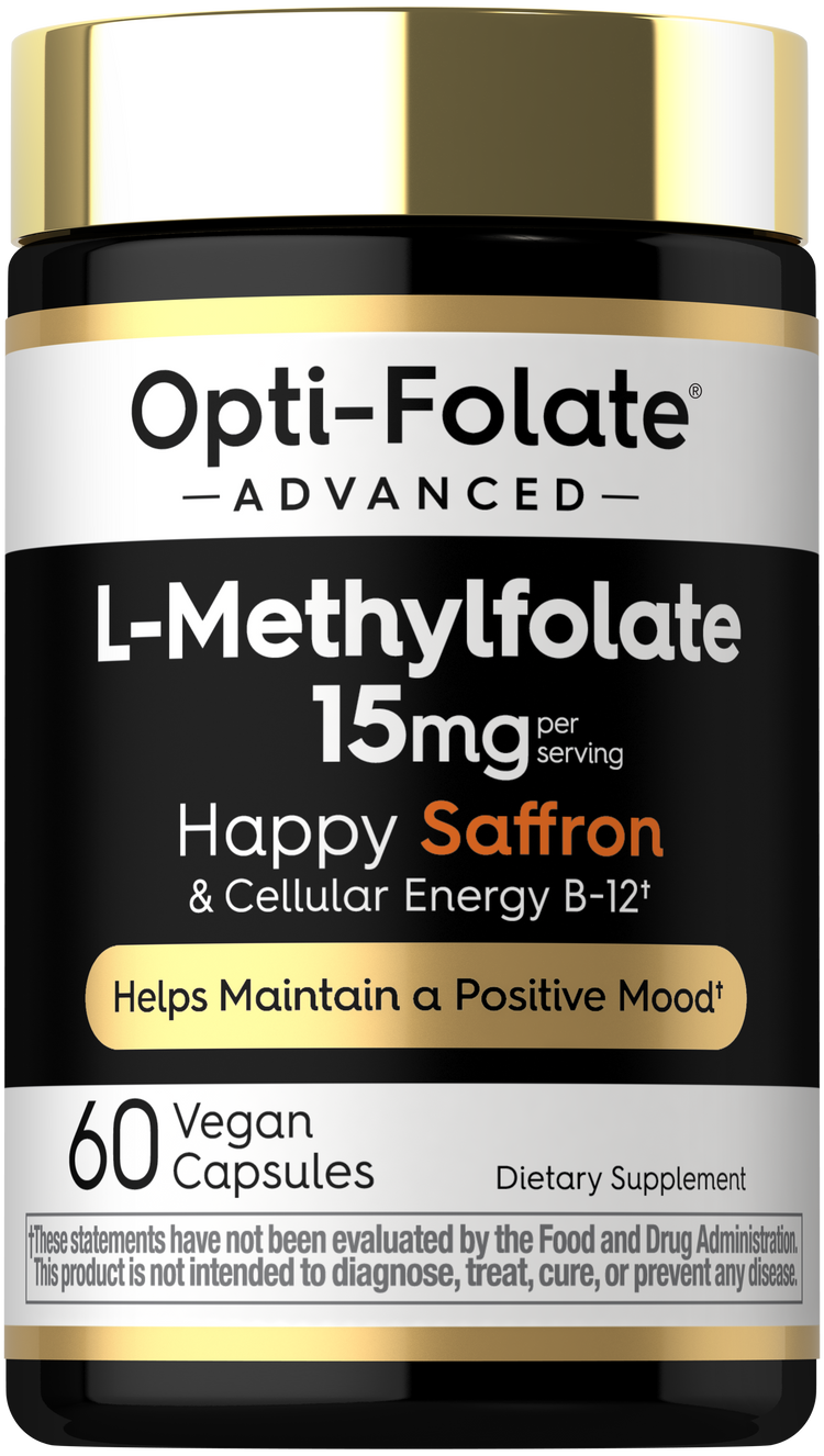 Opti-Folate ADVANCED L-Methylfolate 15mg, Saffron & B-12, 60 Vegan Capsules, Dietary Supplement bottle.