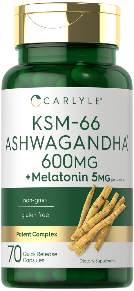 Carlyle KSM-66 Ashwagandha 600mg plus Melatonin 5mg, bottle of 70 quick release capsules on hand scale.